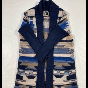 H&M AZTEC PRINT WOOL MOHAIR BLEND LONGLINE OPEN CARDIGAN. SIZE M/L